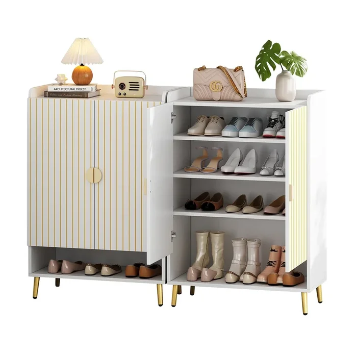 Zapatero moderno doble puerta – 75x35x110 cm – Organizador para entrada, con estante triple y cajón abierto – Blanco