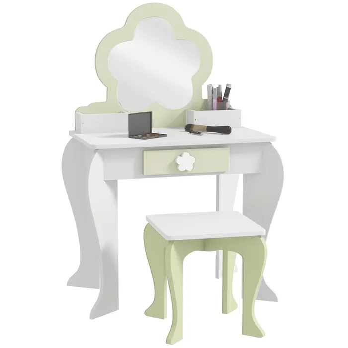 ZONEKIZ Tocador para Niñas con Espejo y Taburete Tocador de Maquillaje para Niñas de 3-6 Años con 2 Cajas y 1 Cajón 55x34x87,5 cm Blanco y Verde Pastel