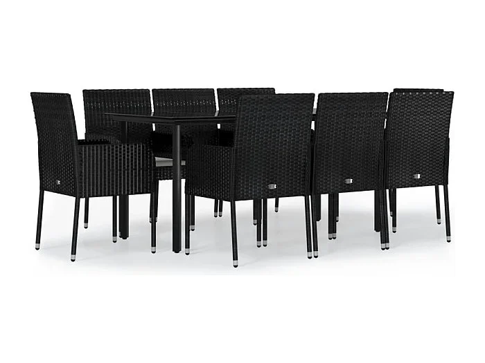 Zyldr Set de comedor de jardín 9 pzas y cojines ratán sintético negro